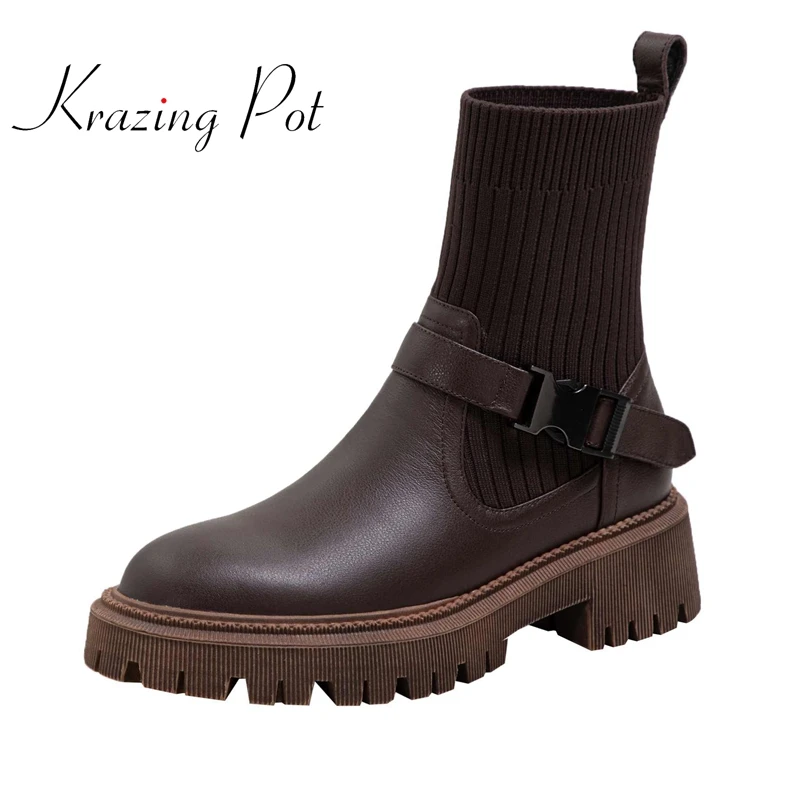

krazing pot genuine leather round toe med heel Chelsea boots retro fashion all-mach winter keep warm basic cozy ankle boots L45
