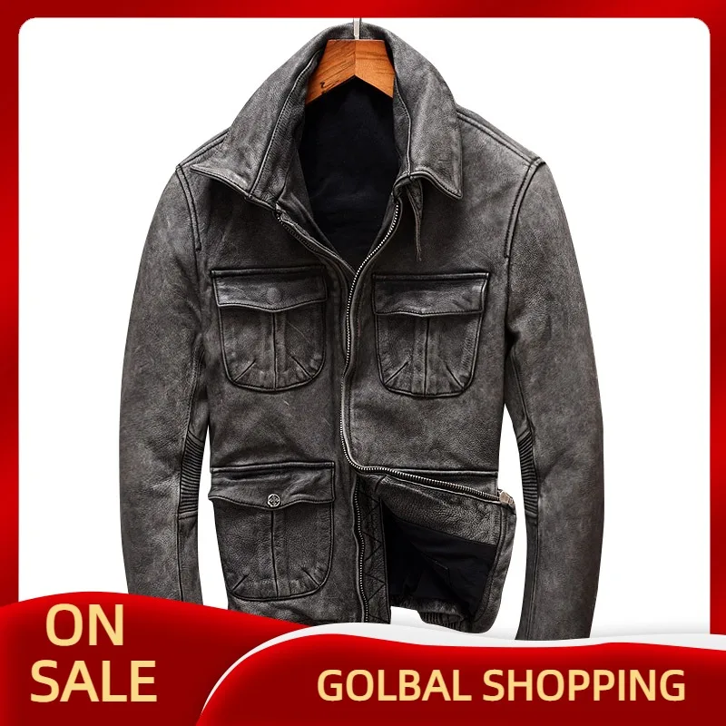 

Мужская повседневная кожаная куртка, серый винтажный жакет из натуральной воловьей кожи с четырьмя карманами, приталенный силуэт, большие ...
