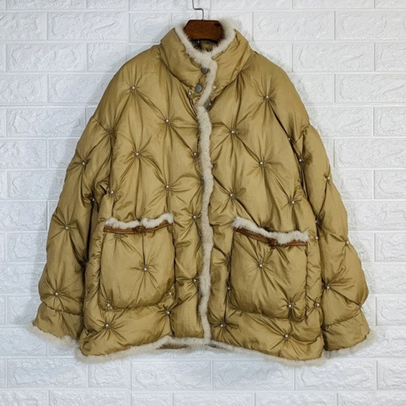 

Новинка Зима 2021, модная женская куртка с воротником-стойкой, с ромбовидной строчкой, из меха норки, женское плотное теплое клетчатое пальто