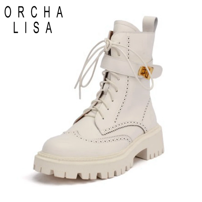 

ORCHALISA New arrival 2021 INS Woman Real Leather Ankle Boots Fashion Shoes Woman Short Winter Warm Boots Platform Heel Footwear