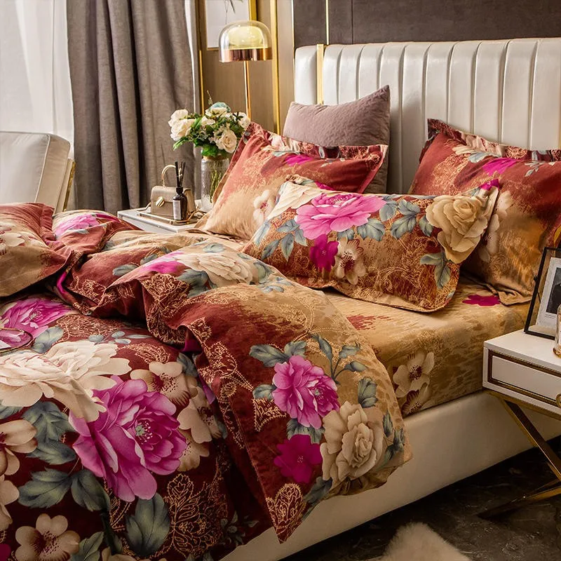 

Vintage Blossom Flowers Duvet Cover Set Brushed Cotton Heavy weigh Warm Bedding set Zipper Comforter Cover Bed Sheet Pillowcases