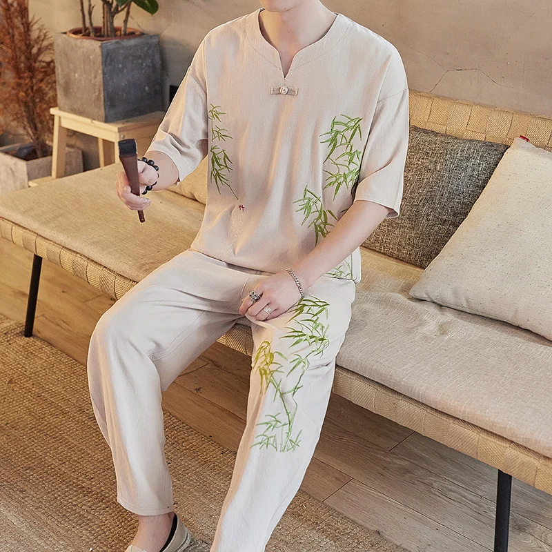 Комплект одежды Sinicism Store для мужчин Повседневная футболка из хлопка и льна