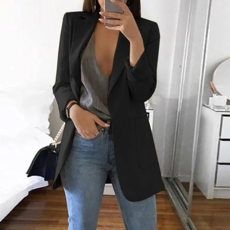 

2021 Women's Fashion Lapel Suit Jacket Cardigan Blazer Office Lady Business Formal Suit Coat Autumn Long
