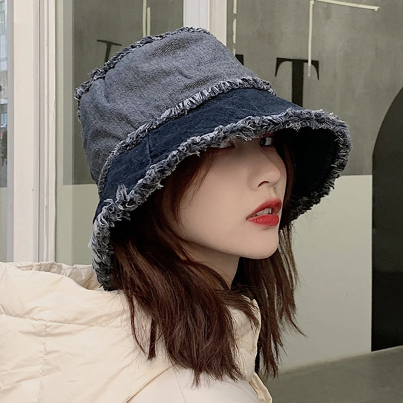 

Korean Style Washed Denim Bucket Hat Women Spring Summer Fisherman Cap Flat Top Basin Hat Street Trend Hip Hop Sun Hats