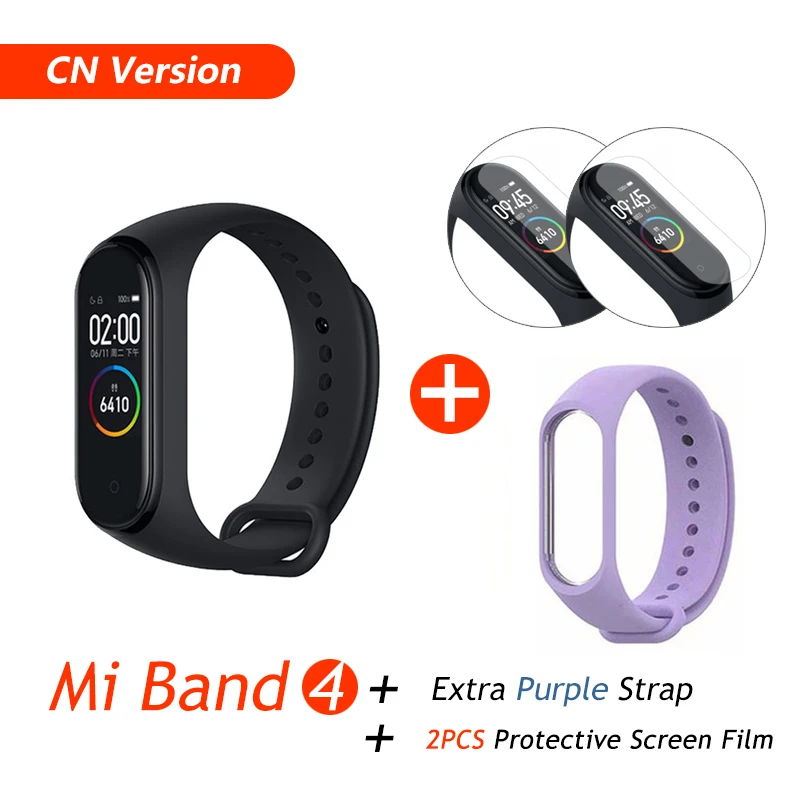 Фирменный Xiaomi mi браслет 4 браслет mi Band 4 фитнес-браслет 3 цвета AMOLED экран музыкальный контроль Smartband - Цвет: CN Add Purple Film