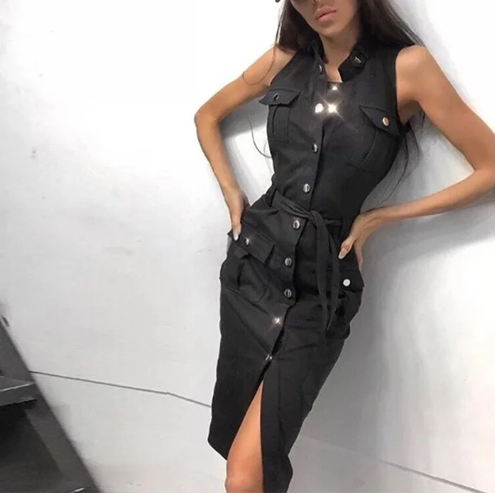 

Женское облегающее платье в стиле сафари, модельное белое/черное платье без рукавов с воротником-стойкой и карманами, платье на пуговицах с ...