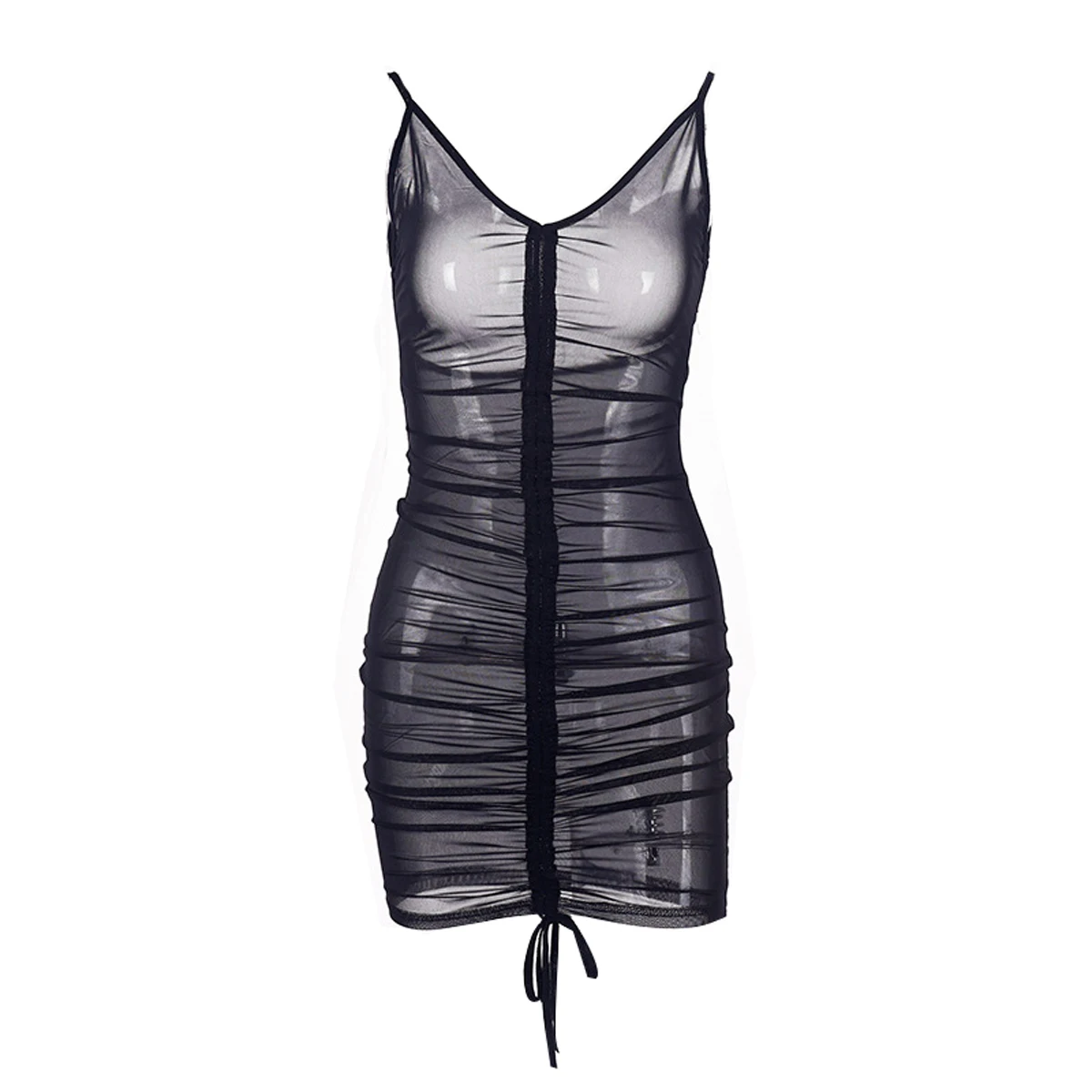 

Women Sexy Transparent Mesh Bodycon Dress Sleeveless Spaghetti Straps Front Ruched Drawstring Club Party Dress
