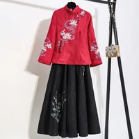 chinese style improved version thin hanfu women tops skirt set two piece set autumn new tang suits embroidery long sleeve