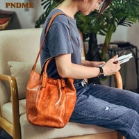pndme fashion simple genuine leather womens tote bag vintage luxury real cowhide ladies weekend party shopping shoulder bag