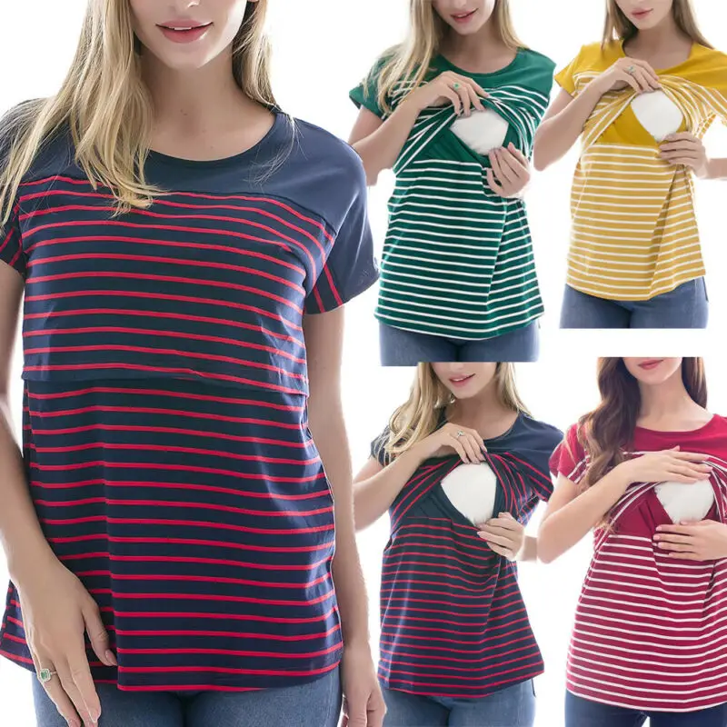 2019 Женская Футболка для беременных полосатые Модные свободные топы с коротким