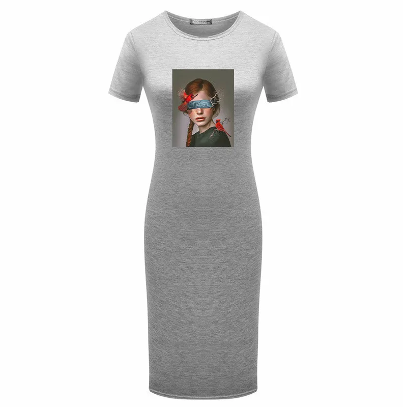 

Summer Dress Woman 2020 Sexy Slim Bodycon Pencil Maxi Party Dresses Women Short Sleeve Cute Art Girl Printed Dress Robe Femme