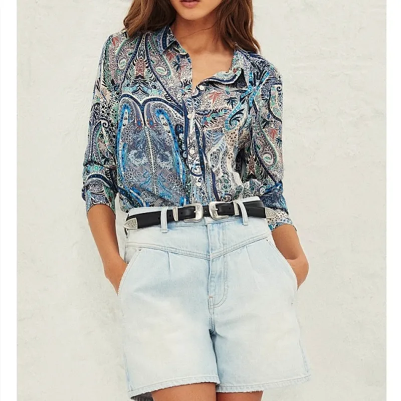 

Women Blouse Vintage Wild Stylish Blue Printed Ladies 2021 New Long Sleeve Single-Breasted Turn-Down Collar Soft Shirt and Tops