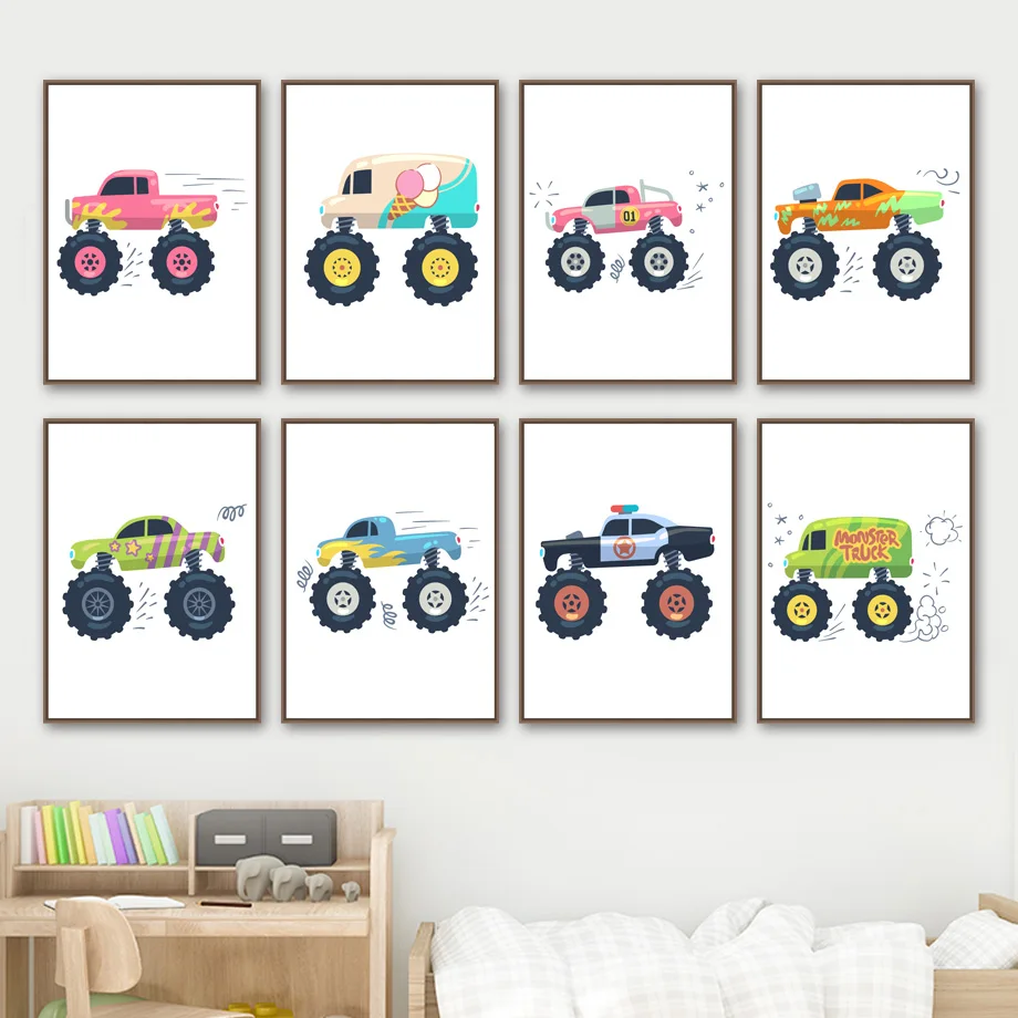 

Cartoon Toy Police Cars Trucks Big Wheels Wall Art Canvas Painting Nordic Posters And Prints Wall Pictures Boy Kids Room Decor