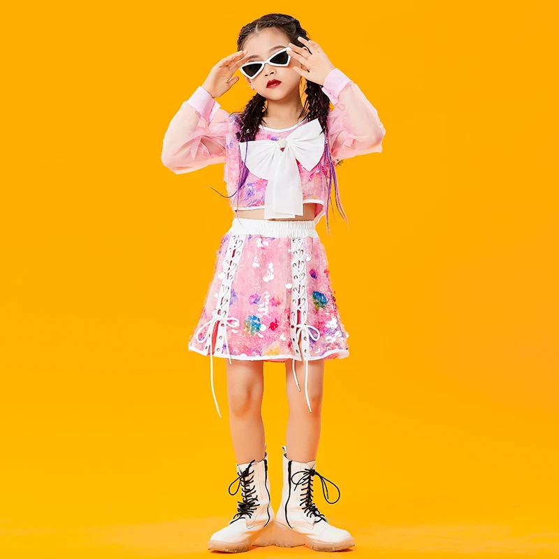 

New Pink Sequined Butterfly Outfits Girls Catwalk Show Suit Cheerleader Group Dance Costumes Hip Hop Dance Rave Clothes