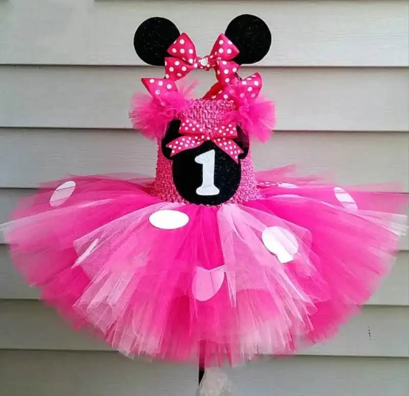 Cute Girls Pink Tutu Dress Baby Crochet Tulle with White Dots and Hairbow Kids Birthday Party Cartoon Cosplay | Детская одежда и