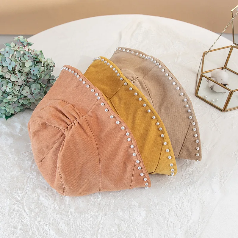 

Four Seasons Ladies Pearl-trimmed Fisherman Hat Women Fashion Cotton Polyester Solid Cloth Sun Protection Basin Cap