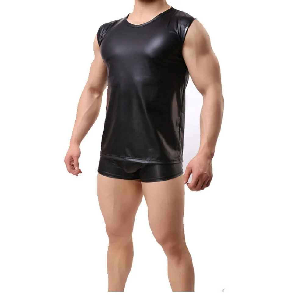 Жилет мужской из искусственной кожи Удобная майка с круглым вырезом на плечах