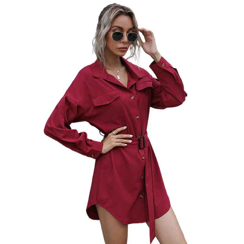 

Vintage Pockets Women Shirt Dress Solid Color Long Sleeve Button Waist Belt Mini Dress Elegant Ladies Office Dresses