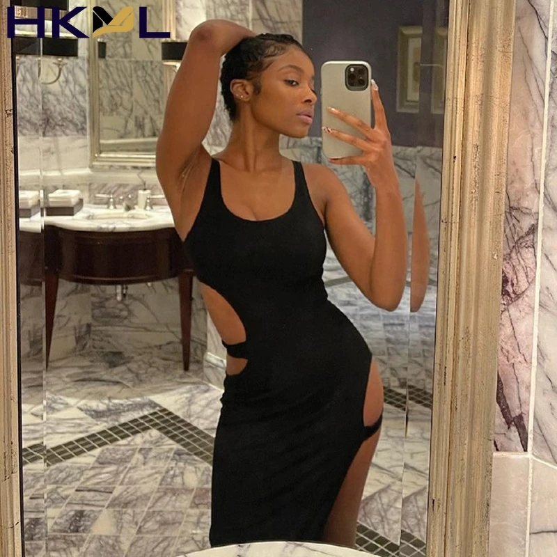 

Summer Women Midi Dresses High Split Hollow Out Sleeveless Sexy Birthday Party Outfits Festival Clothes Evening