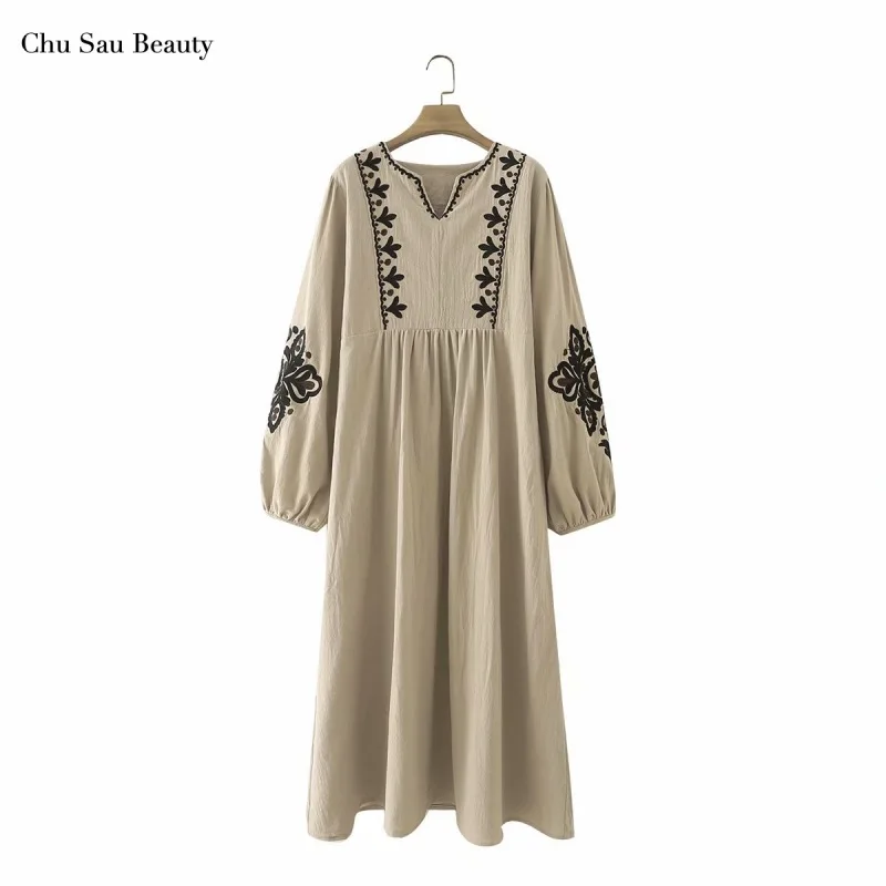 

Women's Retro Embroidered Lantern Sleeve Dress Long Sleeve V-Neck Casual Loose Long Dress Chic All-Match Women's Cotton Dress