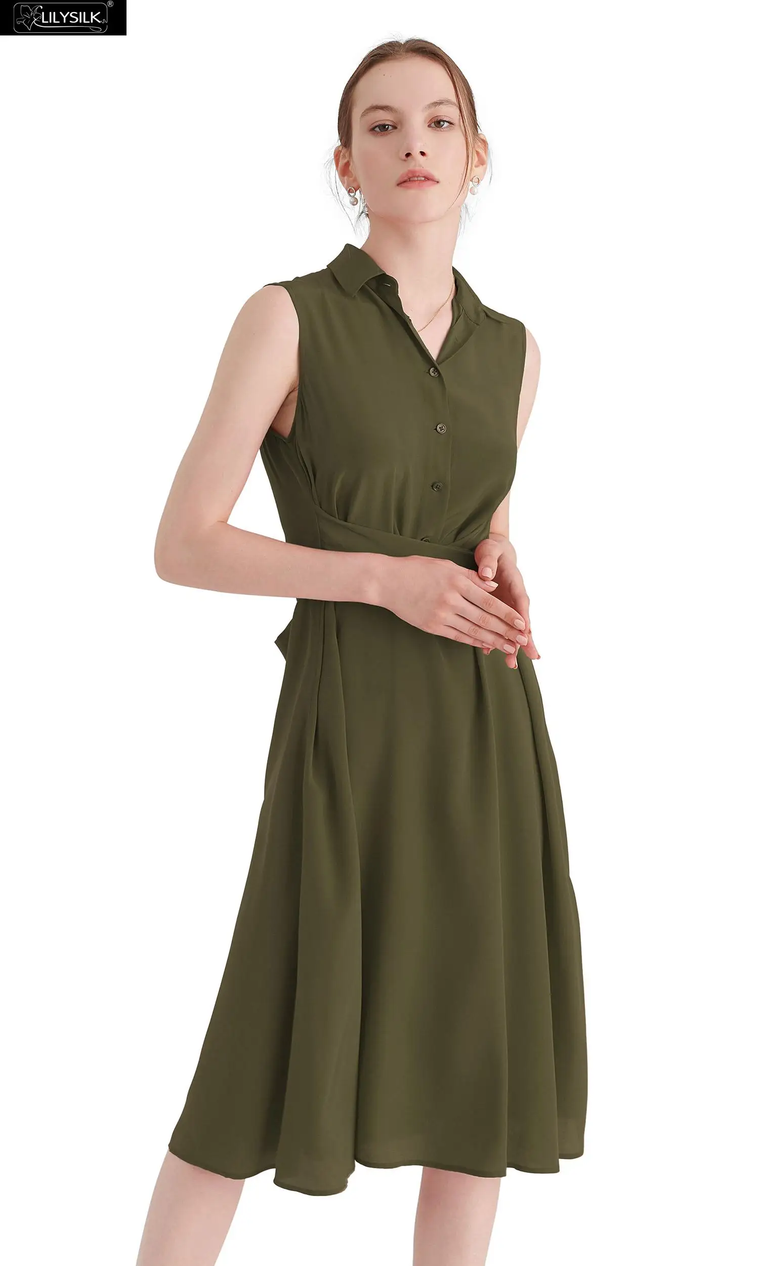 Olive Green LilySilk платье рубашка шелковое тело лестно дамы - Цвет: Olive Green