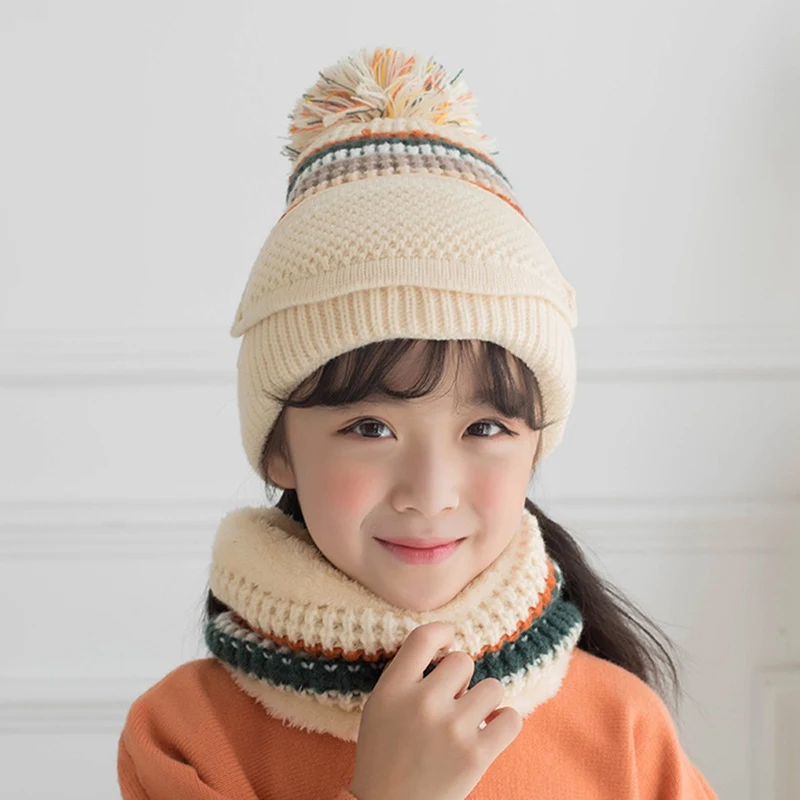 

Winter Plus Velvet Colorful Matching Children's Knitted Hat Scarf And Mask Three-piece Set Boys Girls Winter Warm Scarf