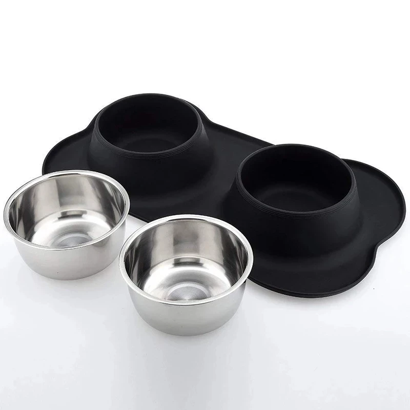 

Double Dog Bowl With Silicone Mat Durable Stainless Steel Water Food Feeder Pet Feeding Drinking Bowls For Dogs Cats