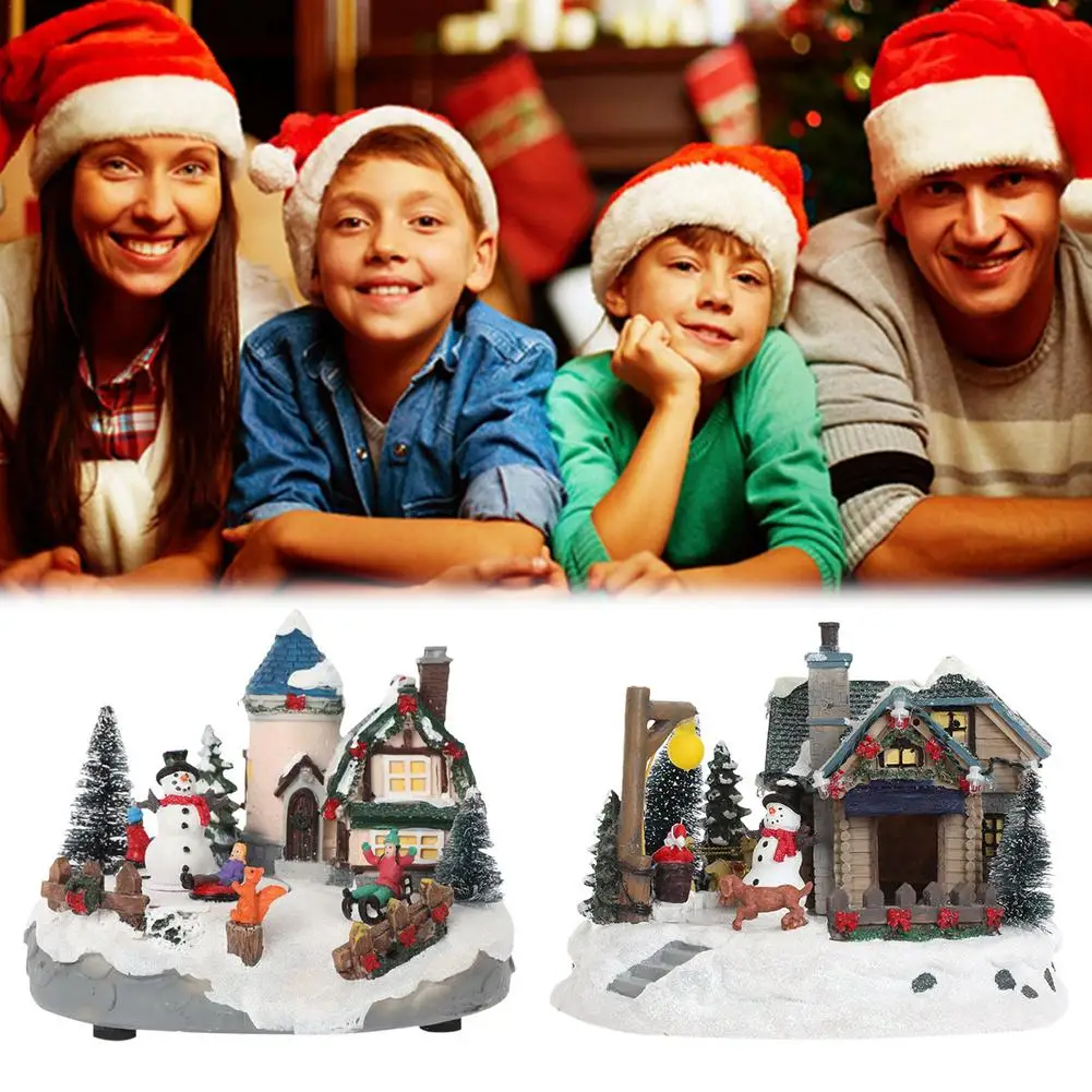 Рождественская сцена деревенские дома фигурка музыкального сборная смола зима
