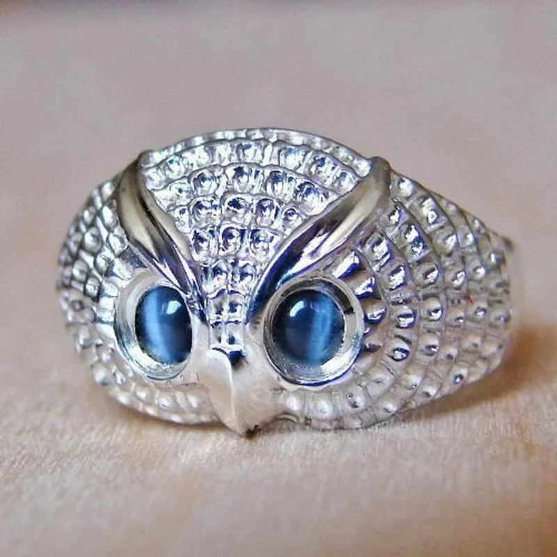 

Exquisite Women's Silver colour Crystal Zircon Ring Owl Ring Cocktail Party Jewelry Blue Gem Ring Anniversary Gift