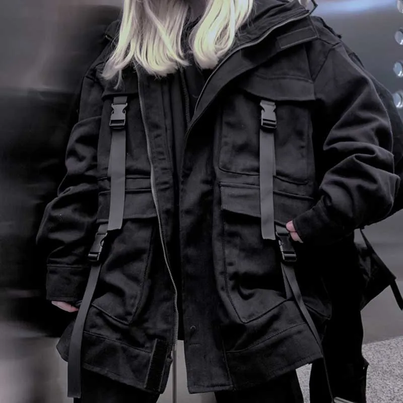 NiceMix Корейская уличная Harajuku черная джинсовая куртка негабаритных карманов женские джинсовые куртки свободные BF винтажные повседневные пальто - Цвет: Черный