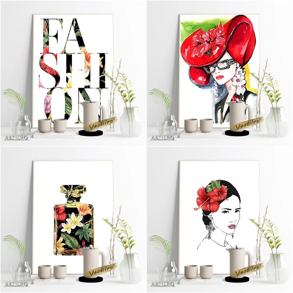 

Retro Style Perfume Floral Print Poster Watercolor Female Image Illustration Canvas Painting Fashion Studio Beauty Salon Decor