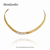 monlansher luxury zircon wide flat snake chain necklace gold color titanium steel snake chain necklaces trendy necklaces jewelry