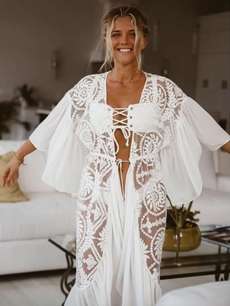 

2021 New Bikini Cover-ups Sexy Belted Summer Dress White Lace Cotton Tunic Women Plus Size Beach Wear Swim Suit Hollow Cover Up