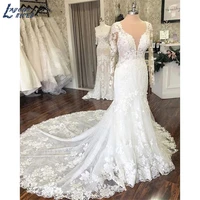 vestido de noiva chapel train mermaid wedding dress 2020 lace sheer scoop backless sexy bridal dress long sleeve robe de mariee