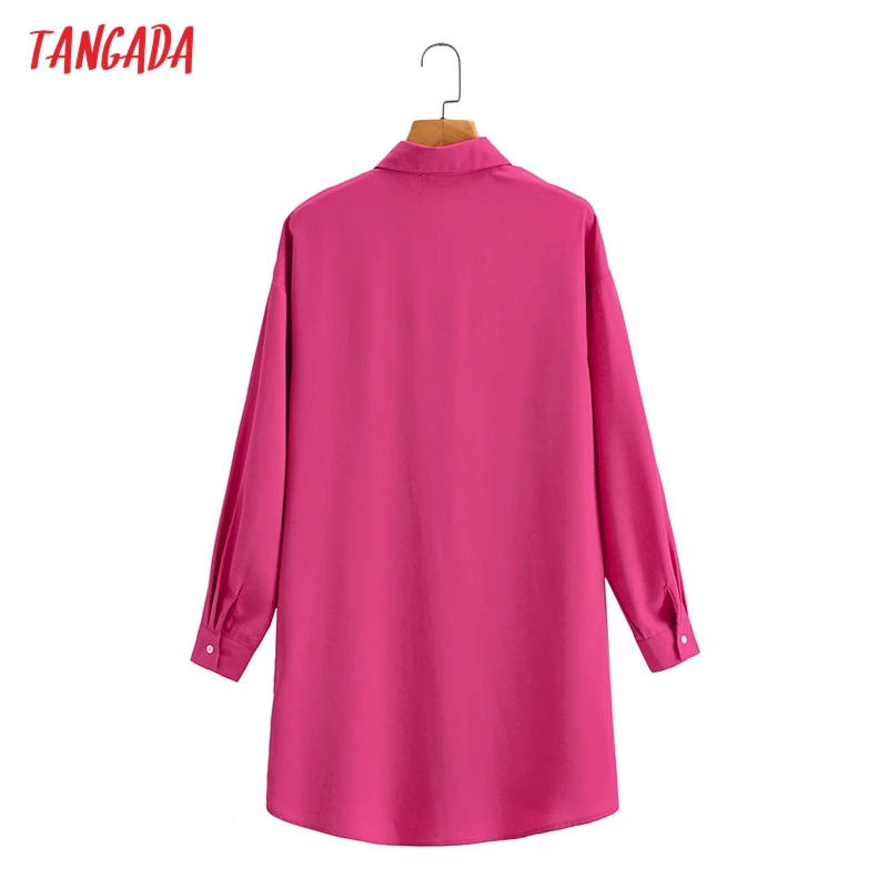 

Tangada 2021 Women Hotpink Satin Long Shirt Blouse Long Sleeve Chic Female Lady Shirt Blusas Femininas 8Y20