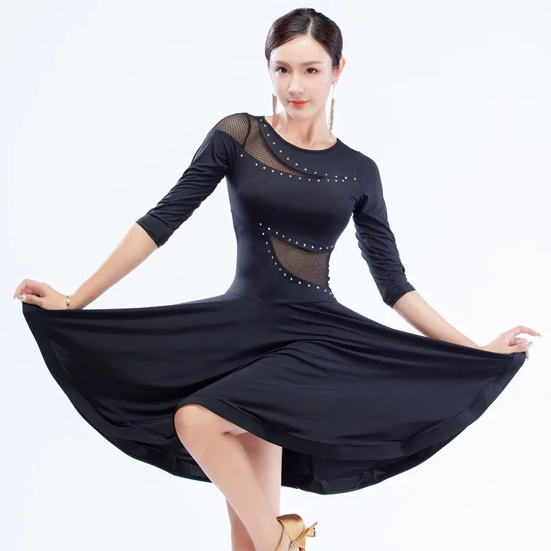 

2021 New Adult Latin Dress Summer Long-sleeved Big Swing Dance Performance Practice Clothes Ballroom Tango Cha Cha Dance Dress