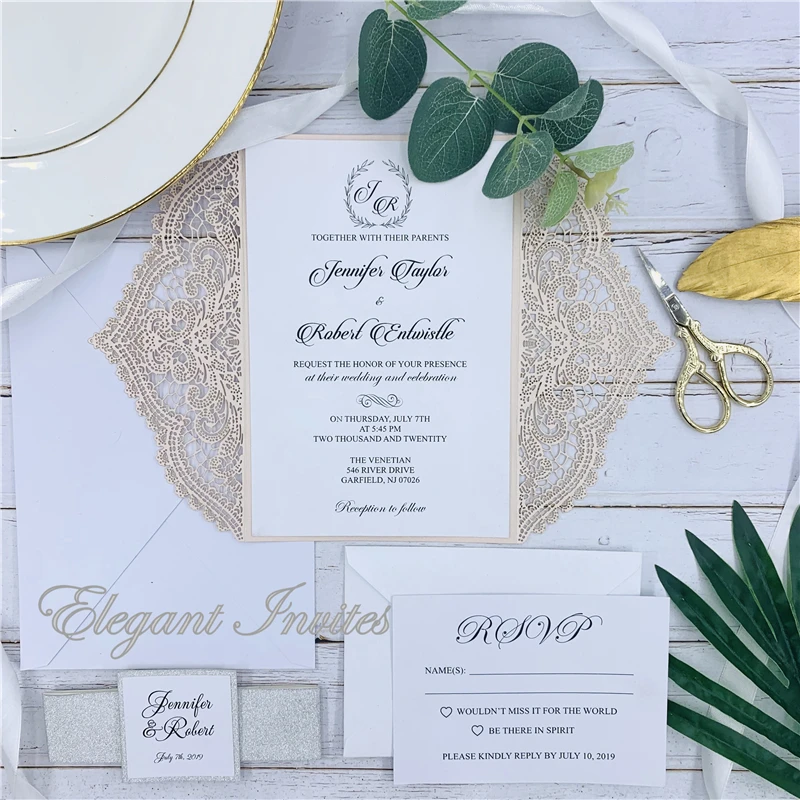 

Pink Wedding Invitations Elegant Laser Cut Party Invitation Card Evening Invites with Ribbon & Printing
