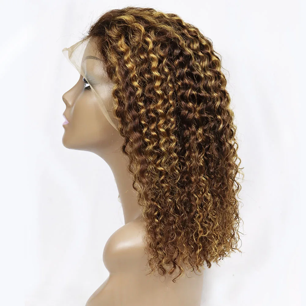 

Curly Lace Frontal Wigs Human Hair Highlight 4/27 Color 13x4 Transparent Lace Virgin Brazilian Hair Wigs with Baby Hair