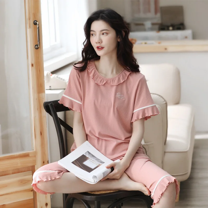 

Women's Pajamas Set Lace Sleepwear Sets For Women Solid V-Neck Soft Breathable Nightwear Pijama Mujer Shorts Sleeve Home Wear