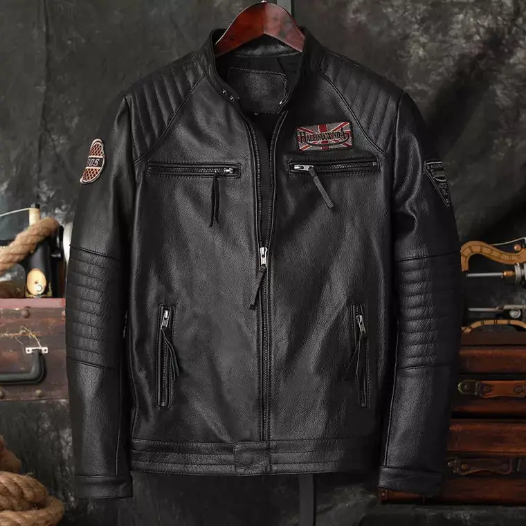 

Back Embroidery Pure Top Layer Cowhide Leather Clothes Men's Motorcycle Coat Slim Fit Leather Jacket Trend