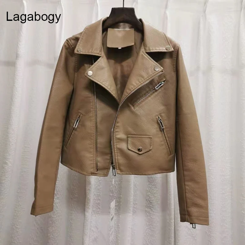 

Lagabogy 2021 New Spring Autumn Women PU Leather Jacket Streetwear Moto Biker Coat Top Quality Female Short Khaki Outwear
