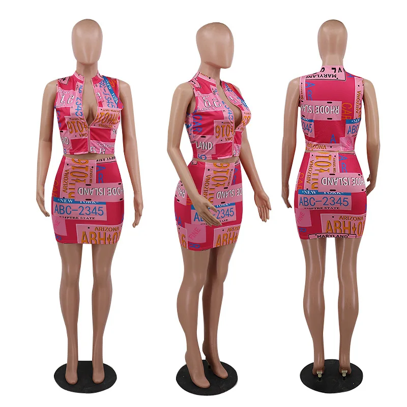 

European summer sexy letter print two piece fashion fit deep V-neck vest and short skirt women's suit