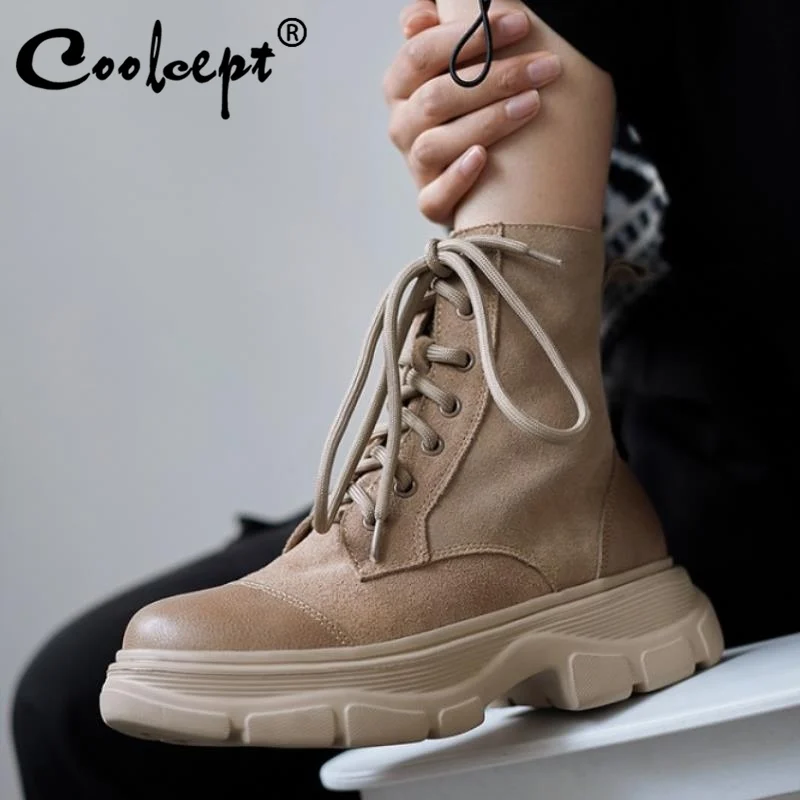 

Coolcept 2021 Women Ankle Boots Real Leather Winter Shoes Women Fashion Flat Heel Shoes Zipper Casual Footwear Size 34-41