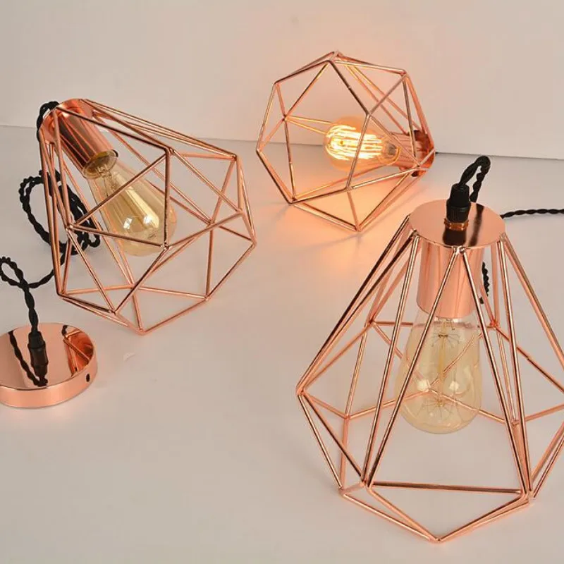 Скандинавский подвесной светильник с железной клеткой из розового золота