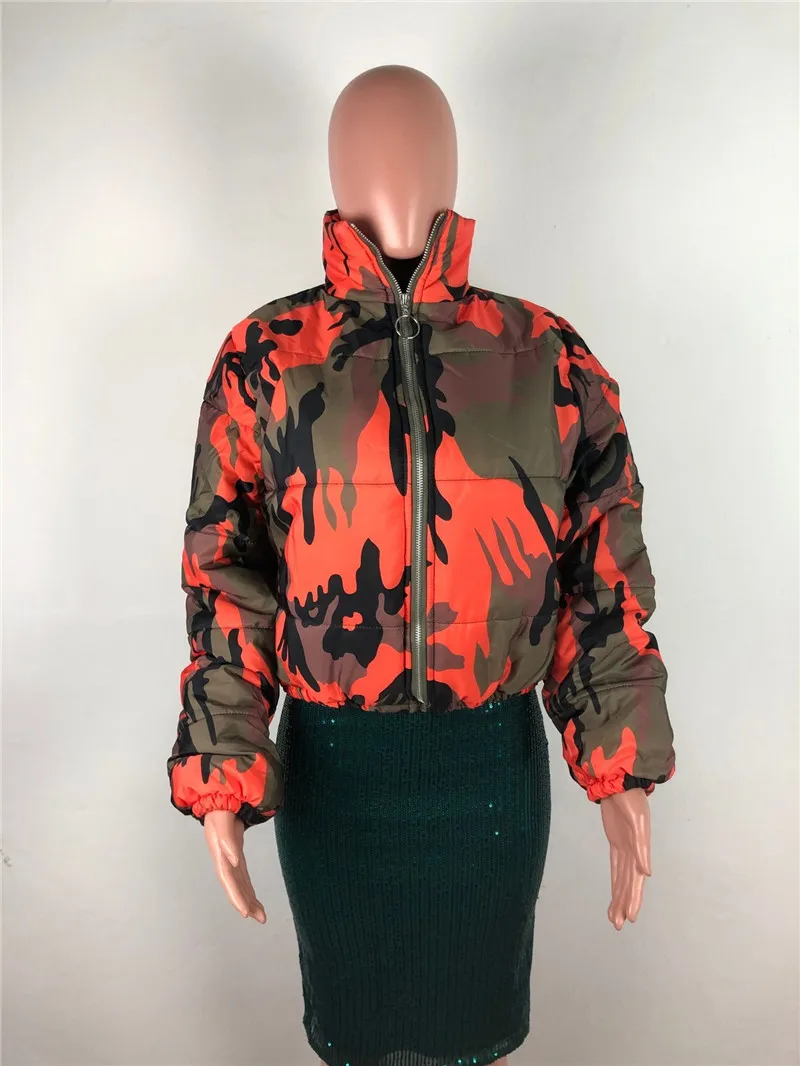 Fashion Autumn Winter Cotton Padded Coat Short Camo Jacket for Women Stand Collar Zip Long Sleeve Warm Outerwear Hot Sale 2021