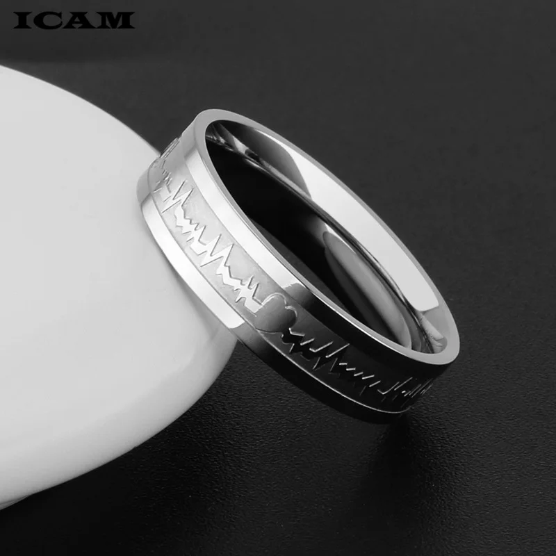 ICAM Классическая титановая сталь кольцо с электрокардиограммой волна