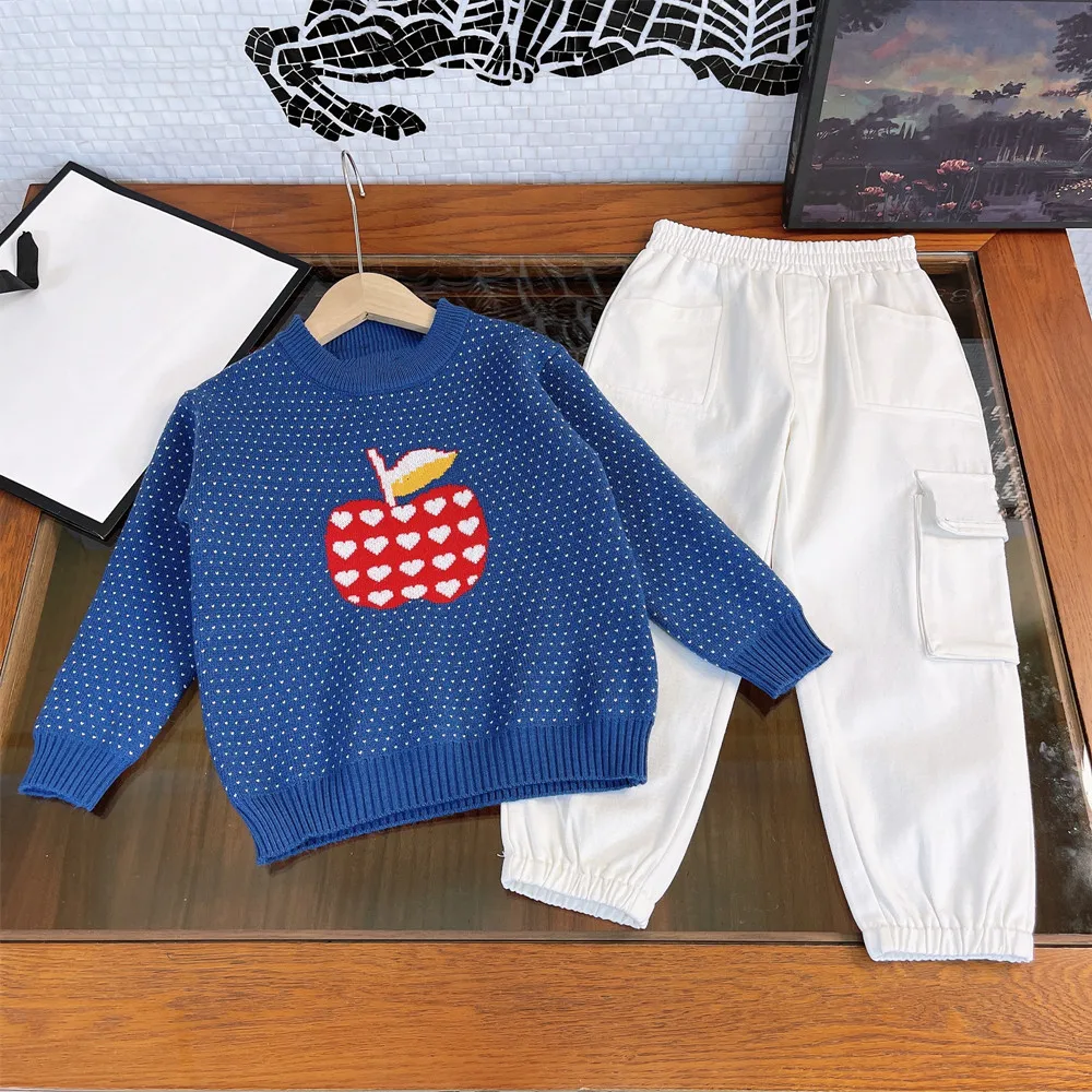 

Дизайнерская детская одежда для ранней осени 2021, вязаный пуловер с круглым вырезом для девочек, свитер с двумя частями, повседневные спорти...