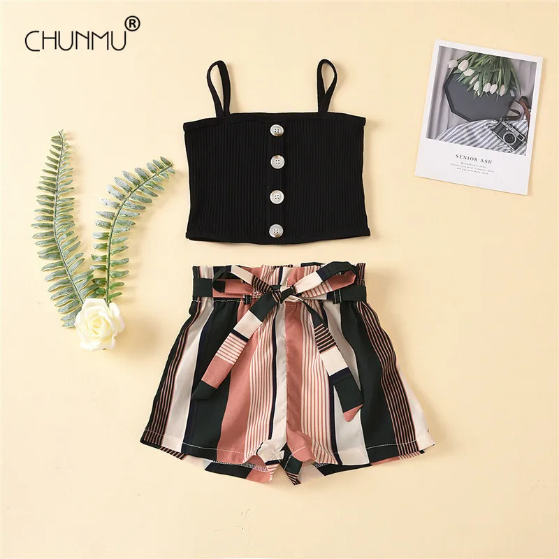 

Children's Summer Clothing Set 2021 New Kids Girl Fashion Set Button Sling Top + Striped Chiffon Shorts 2PCS Casual Outfit Set