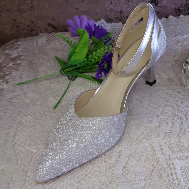 

FOREADA High Heels Woman Two Piece Pumps Ankle Strap Stiletto Heel Female Shoes Bling Pointed Toe Ladies Footwear Silver Size 40