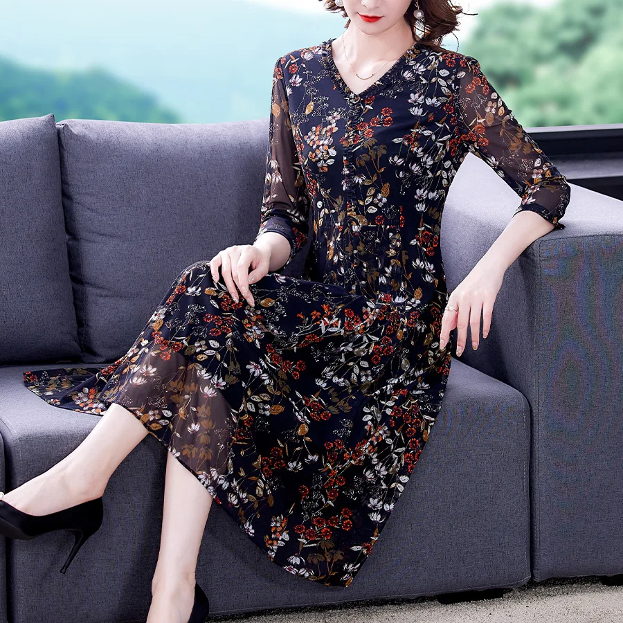 

Autumn New Printed V-neck Mesh Dress Women's Slim Fashion Retro Casual Large Size L-5XL High Quality Excellent Party Vestidos